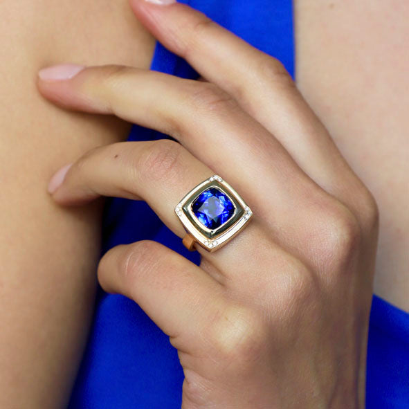 Large Chocolate Blue Sapphire Ring worn on a model