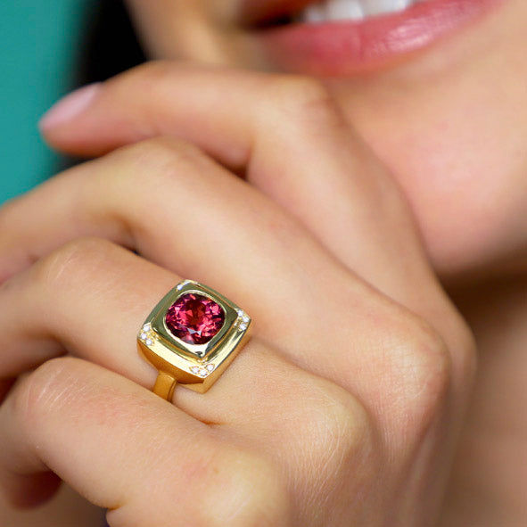 Large Chocolate Pink Tourmaline Ring on a model
