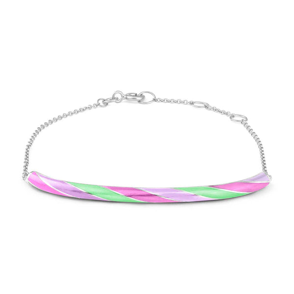 An example of a personalised rock candy friendship bracelet with pink lilac and green enamel