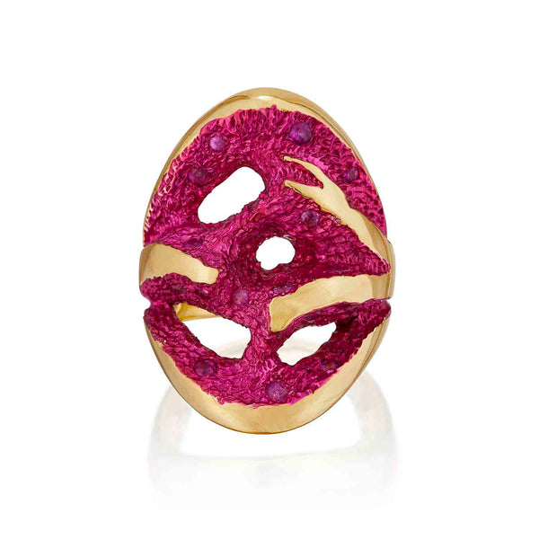 Rock Pool Fuchsia Pink Gold Statement Ring Straight On View