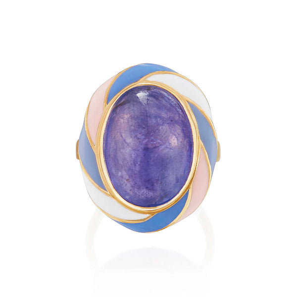 Rock Candy Tanzanite Parma Violet Gold Ring with enamel in yellow gold