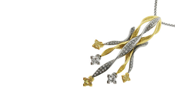 Bespoke coloured diamond necklace with a ribbon twist jewellery design