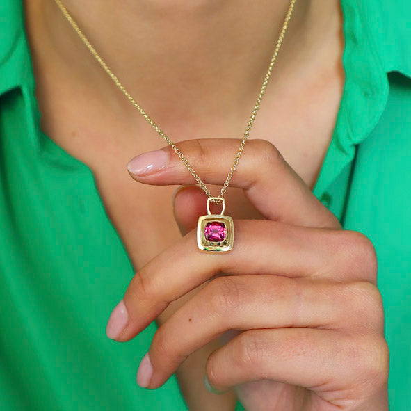 Chocolate Pink Tourmaline Pendant on a gold chain