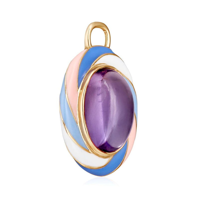 Rock Candy Amethyst Parma Violet Gold Pendant Side View hand made by us in our Surrey jewellers with cold enamel
