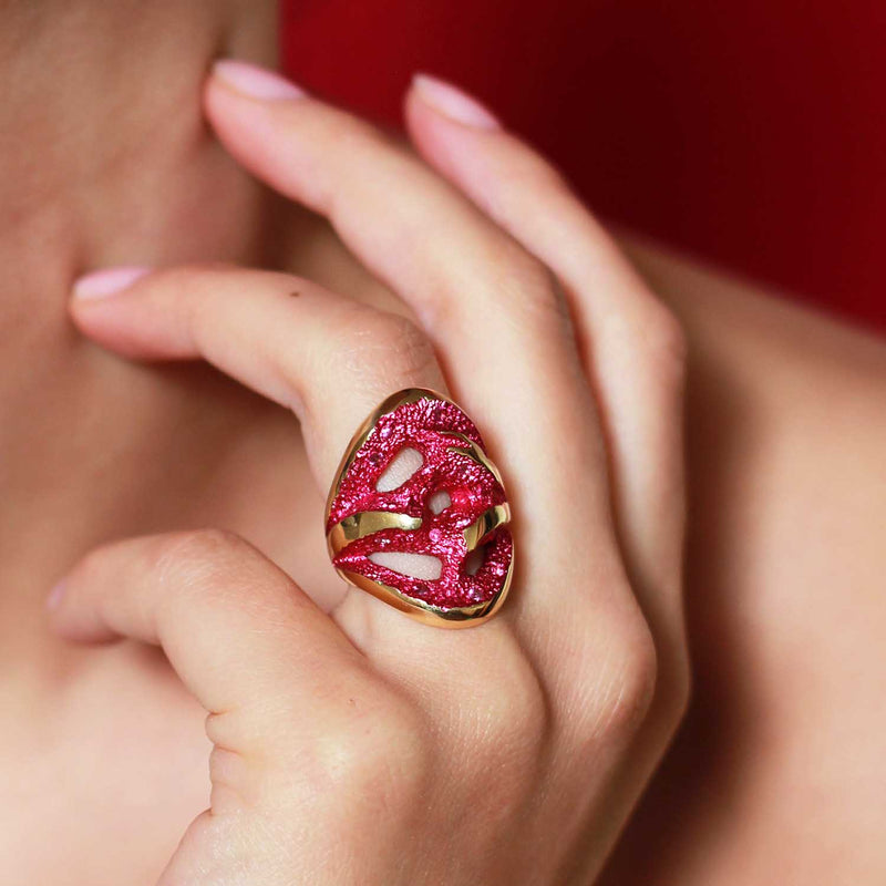 Rock Pool Fuchsia Pink Gold Statement Ring worn on a model