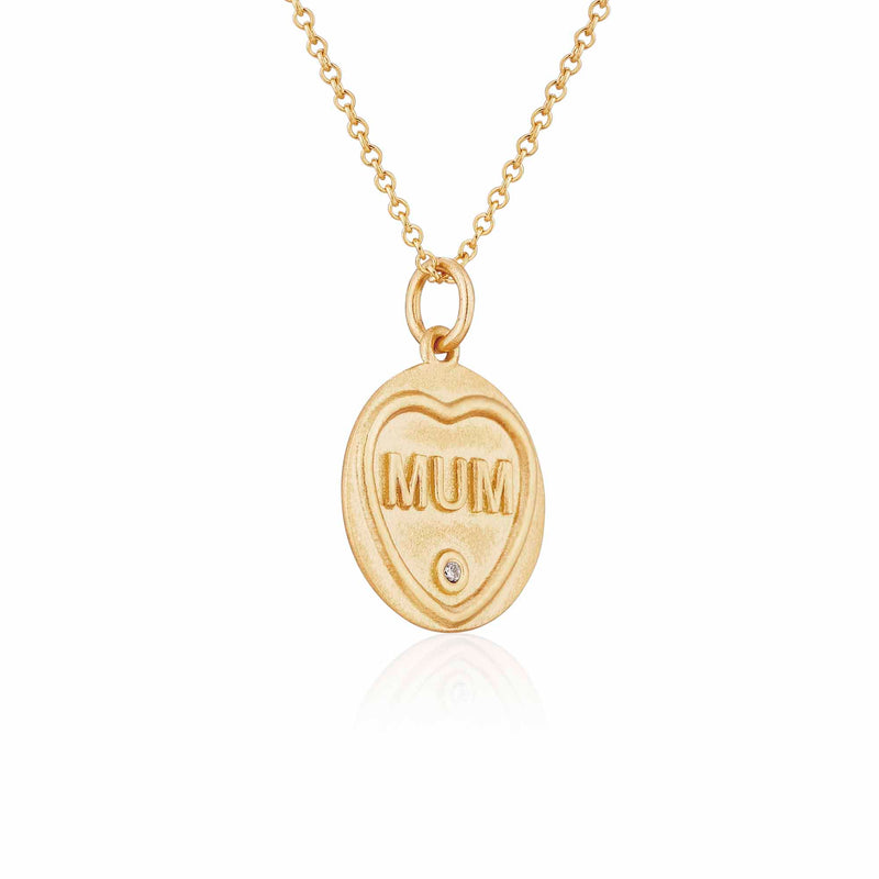 Love Heart Mum necklace side profile in gold and white diamond