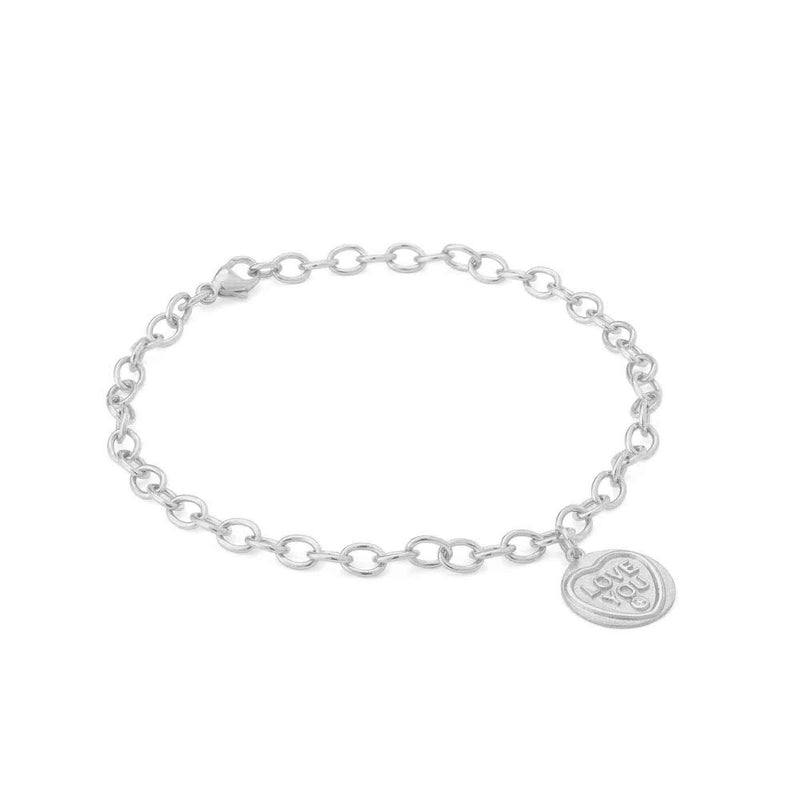 Side view of a charm bracelet featuring Love Hearts 18ct White Gold Personalised Charm