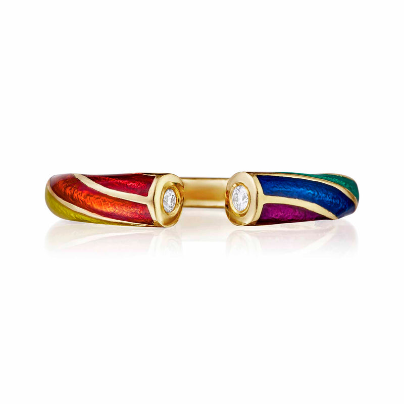 A modern ring design creates our Rock Rainbow Band straight on view  in gold and enamel