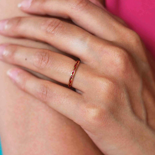 Rock Pool Red Ruby Band in 18ct yellow gold worn as a wedding ring