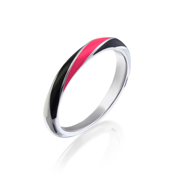 3 Quarter view of the rock candy allsorts ring in platinum with black, white and neon pink enamel.