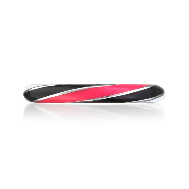 Straight on view of the rock candy allsorts ring in platinum with black, white and neon pink enamel.