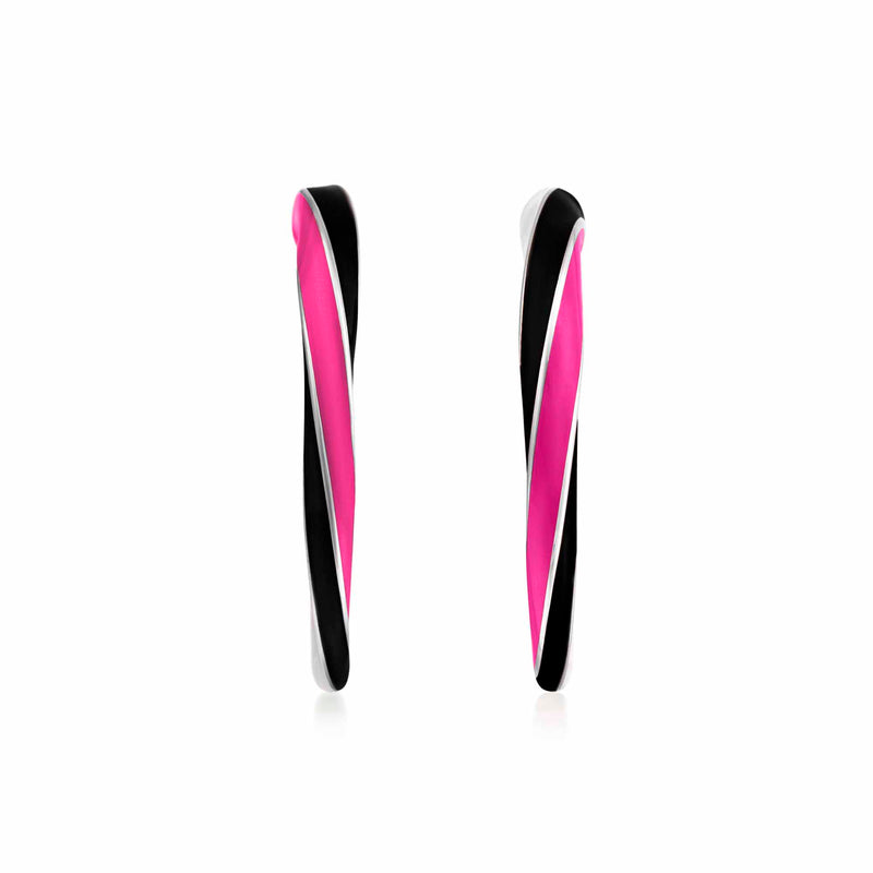 Rock Candy Allsorts Hoop Earrings made in platinum with neon pink, white and black enamel, straight on view