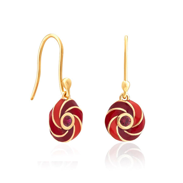 Rock Candy Bespoke Earrings with a spiral motif in yellow gold , enamel and ruby