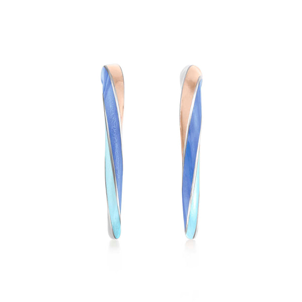 Straight on view of Rock Candy Bubblegum platinum hoop earrings with peach, blue, aqua and white enamel.