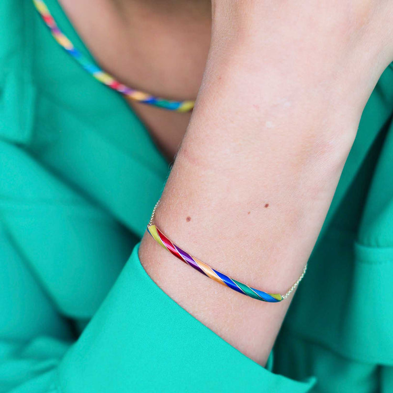 The rock candy rainbow friendship bracelet worn on a model to show the friendship bracelet in context