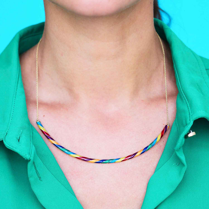 Rock Candy Rainbow Collar crafted in 18ct yellow gold and enamel, worn on a model