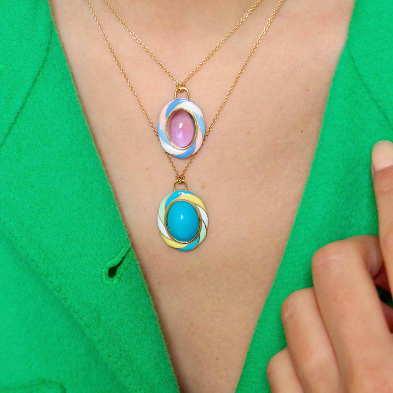 Rock Candy Gumball Gold Pendants worn on a model featuring amethyst and turquoise