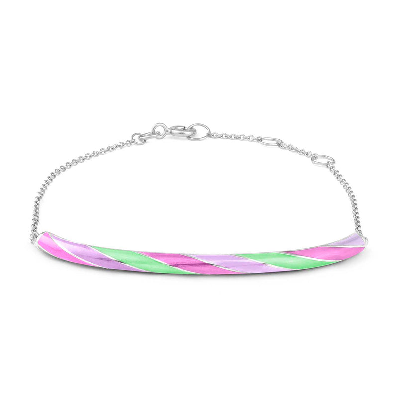 An example of a personalised rock candy friendship bracelet with pink lilac and green enamel