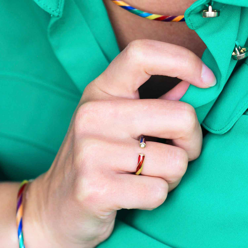 The rock candy rainbow ring worn on a model to put the ring into context