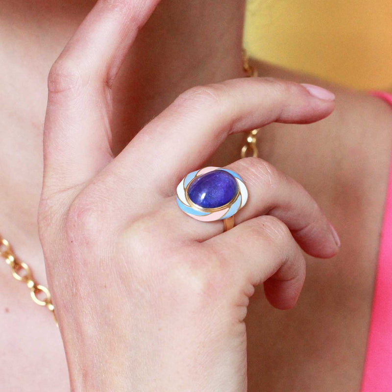 Rock Candy Tanzanite Parma Violet Gold Ring worn on a model