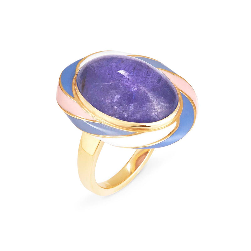 Rock Candy Tanzanite Parma Violet Gold Ring side view with enamel in yellow gold made in our jewellers in Surrey